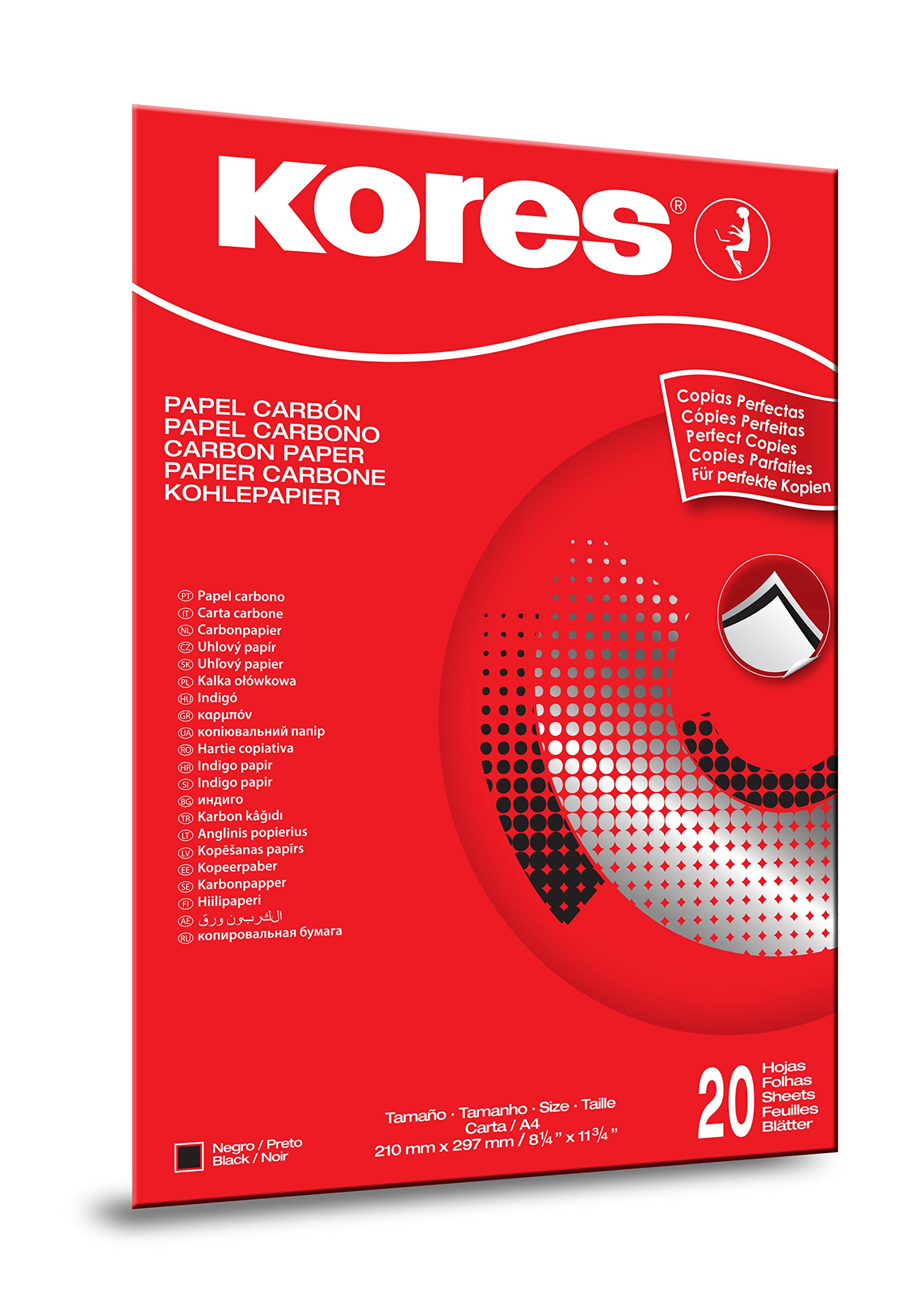 Kores - Black Carbon Paper for Typewriting, No Smearing and Reusable, School and Office Supplies, Format A4, 21 x 29.7 cm, Pack of 20 Sheets