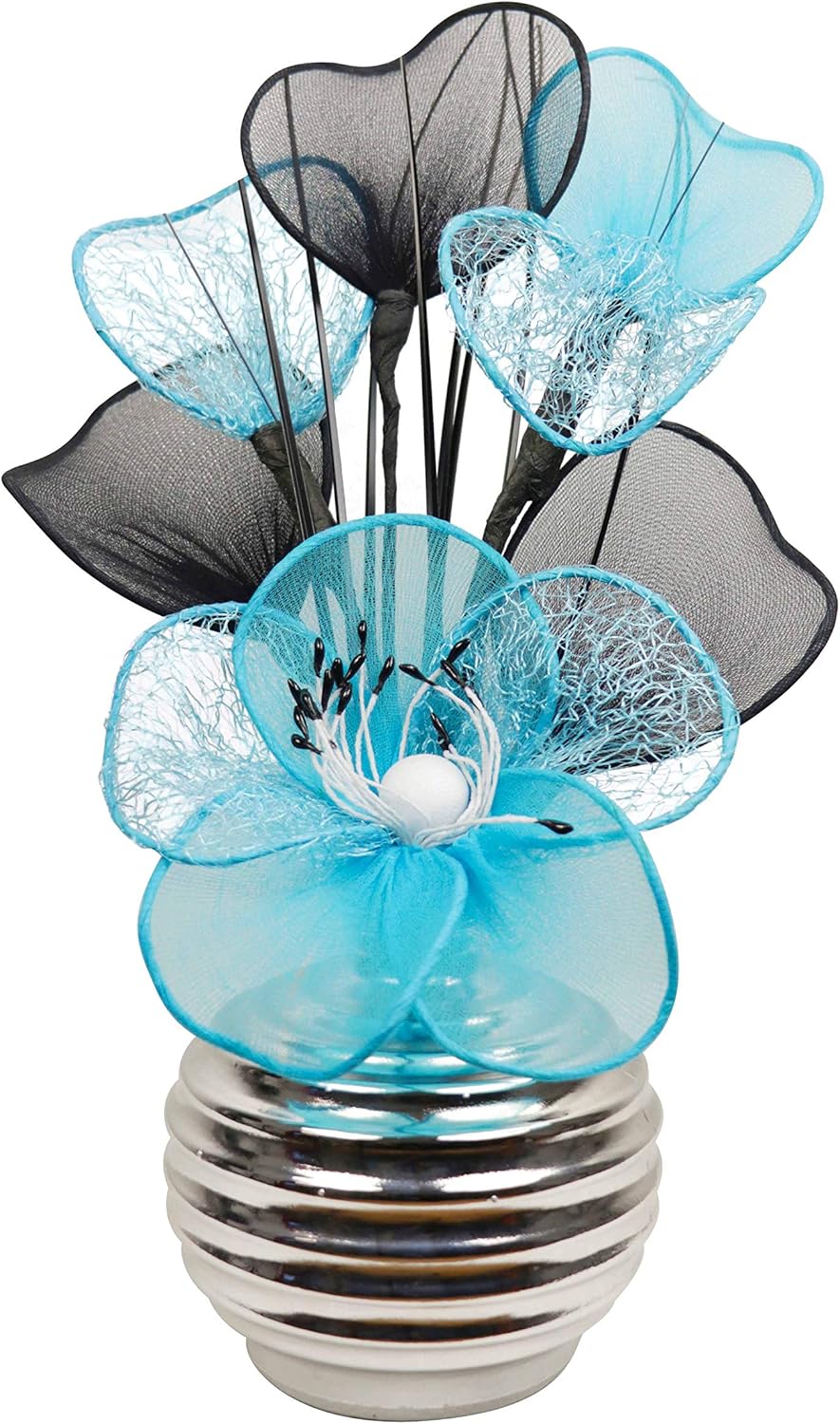 Flourish 793128 QH1 Silver Vase with Teal Blue Nylon Artificial Flowers