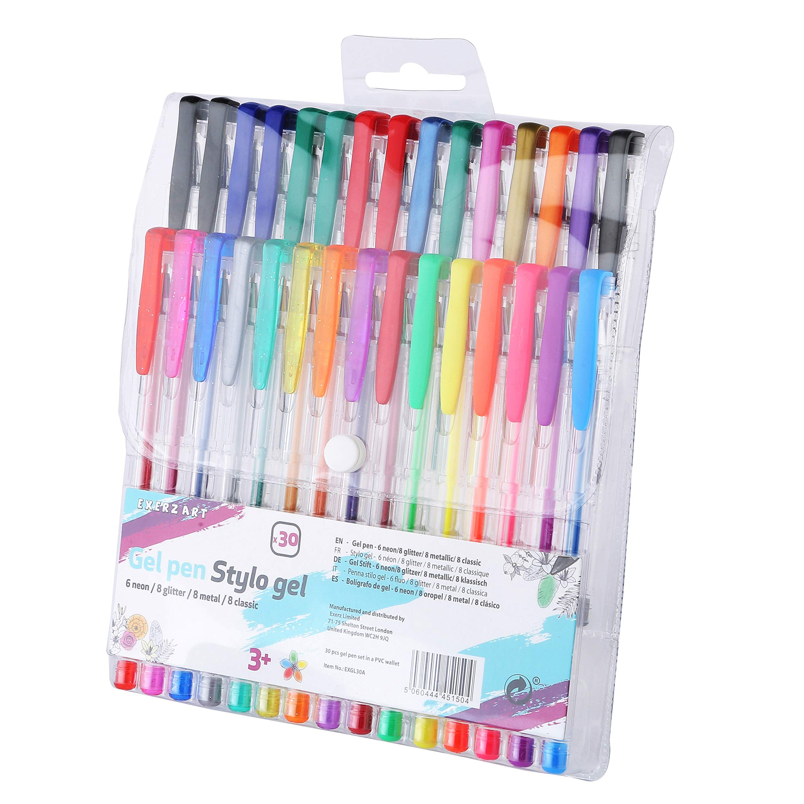 EXERZ colour gel pen set 30pcs - fine ink ballpoint pens, vibrant colour, free flowing, includes glitter pens, neon, metallic and classic shades (30)