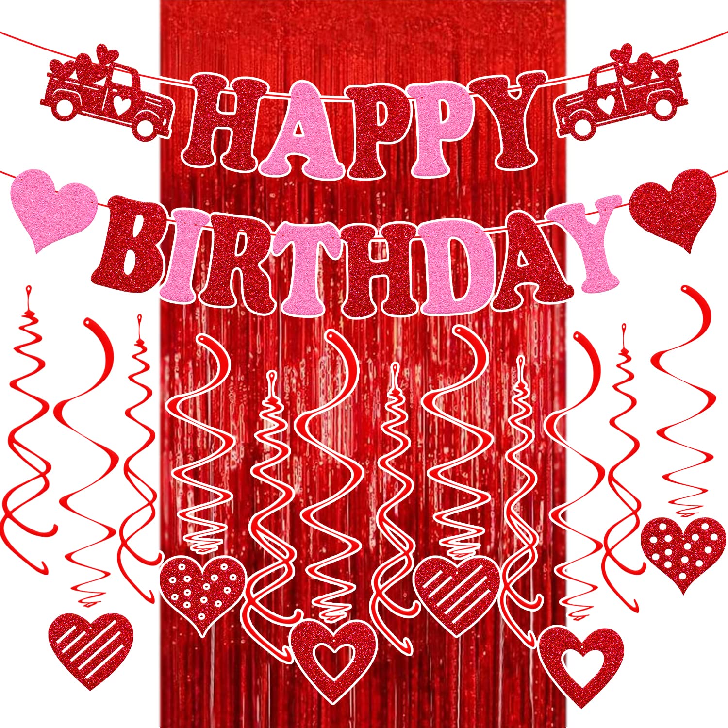 Photo 1 of 21 PCS Valentine's Birthday Decorations Happy Birthday Banner with Red Heart Hanging Swirls and Foil Curtain Backdrop for Home Wall Door Romantic Bday Party Supplies