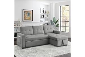 Antetek Reversible Sleeper Sectional Sofa with Pull-Out Bed, Comfy Tufted L-Shaped Sectional Sofa Couch Bed with Storage Chaise Side Pocket, Furniture Set for Living Room, Small Space, Grey