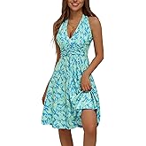 HUHOT Women's Summer Sundress Sleeveless Halter Neck Spring 2025 Floral with Pocket Elastic Waist Ruffle Mini Dresses