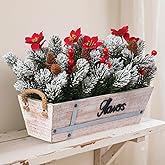 Artificial Christmas Centerpiece with Snowy Norfolk Pine Garland, Poinsettias, Berries & Pine Cones in Rustic Wood Planter – Holiday Table Decoration for Home, Kitchen, Office, or Mantel