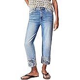 Flamingals Women's Mid Rise Straight Leg Roll Hem Floral Embroidery Bohemian Denim Crop Jeans