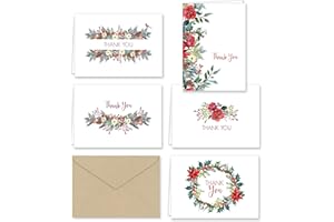 Paper Frenzy Christmas Greenery Thank You Note Cards and Envelopes - 25 pack