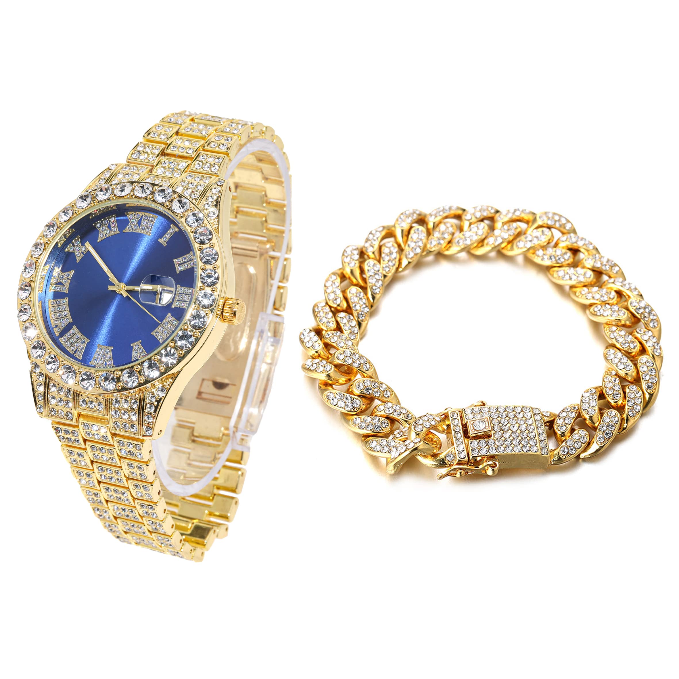 HALUKAKAH Diamonds Gold Watch Iced Out, Men's 18K Real Gold Plated 42MM Width Blue Dial Quartz Wristband 24cm with Cuban Link Chain 20cm Bracelet Set, Free Giftbox