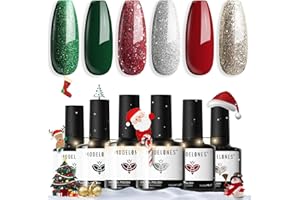 Modelones Christmas Gel Nail Polish Set, 6 Colors 2025 Winter Sparkle Dark Green Red Silver Champagne Rose Gold Glitter Gel Polish Kit New Year Soak Off Nail Art Manicure Salon DIY Home Gift