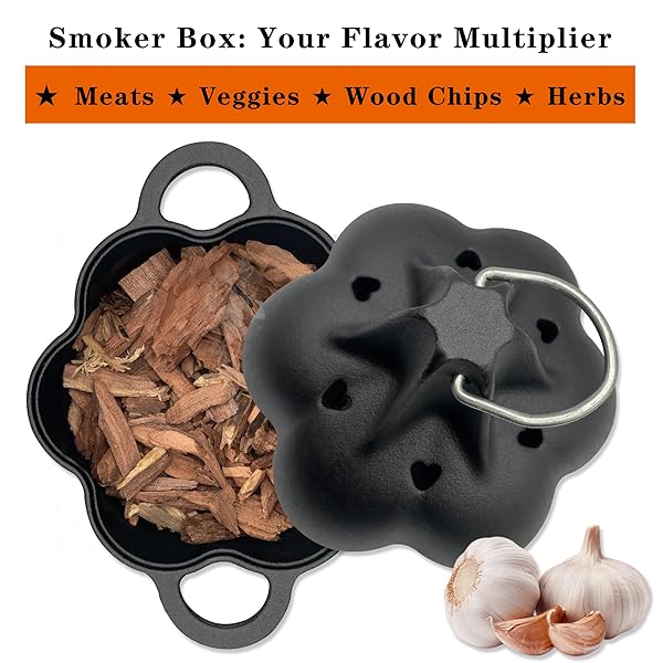 AOKDEER GARLIC ROASTER & SMOKER BOX FOR GRILL OVEN, ALL-SEASON CAST IRON STEAMER POT, PERFECT FOR OVEN AND BBQ, FOR SMOKY, FLAVORFUL VEGETABLES, MEATS OR WOOD CHIPS, GARLIC POTATO COOKER