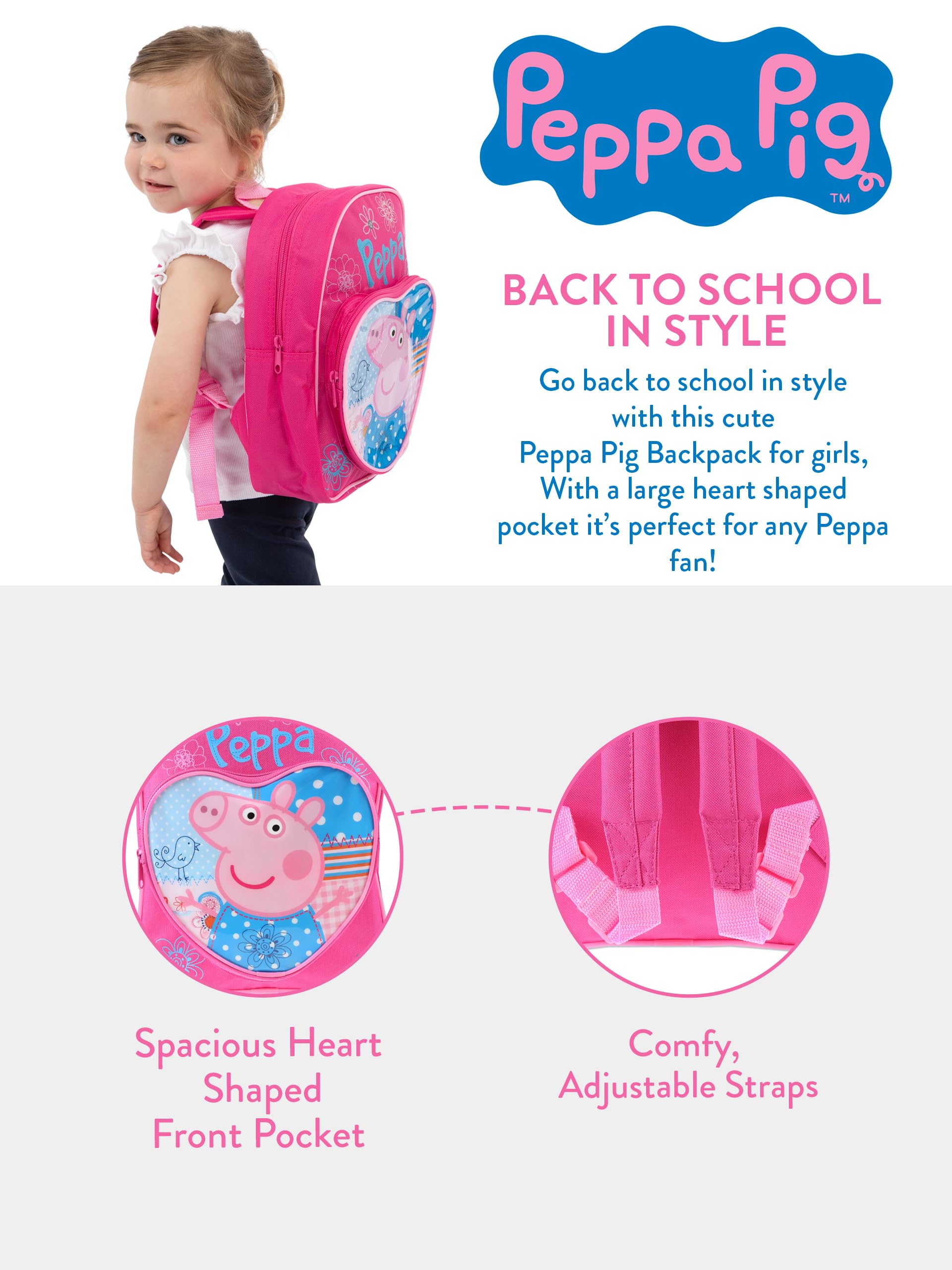 Peppa Pig Backpack | Girls Backpacks for School | Cute Bookbag for Kids | Pink