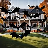 12 Pcs Hanging Bats Halloween Decorations Outdoor, Large Flying Plastic Bats Outdoor Halloween Decorations, 3 Different Size 