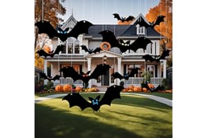 AEBOR 12 Pcs Hanging Bats Halloween Decorations Outdoor, Large Flying Plastic Bats Outdoor Halloween Decorations, 3 Different Size with Glowing Eye Stickers for Hanging in Tree, Yard, Porch, Lawn, Indoor