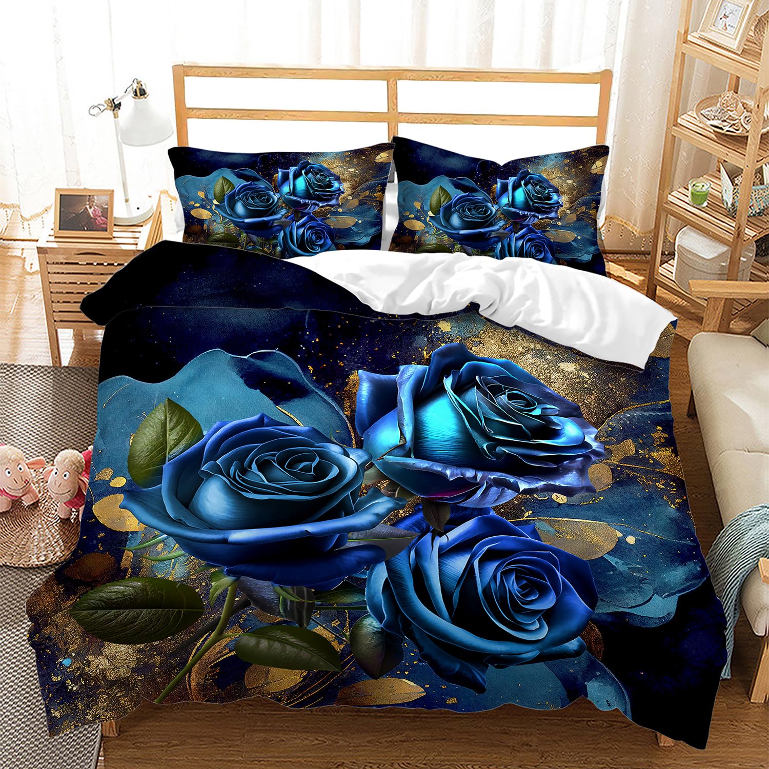 Photo 1 of AILONEN 3D Rose Bedding Full Blue Floral Duvet Cover Set,Blue and Gold Rose Printed Bedding Set,3 Pieces Rose Comforter Cover Set,Blue Rose Quilt Cover with 2 Pillowcases