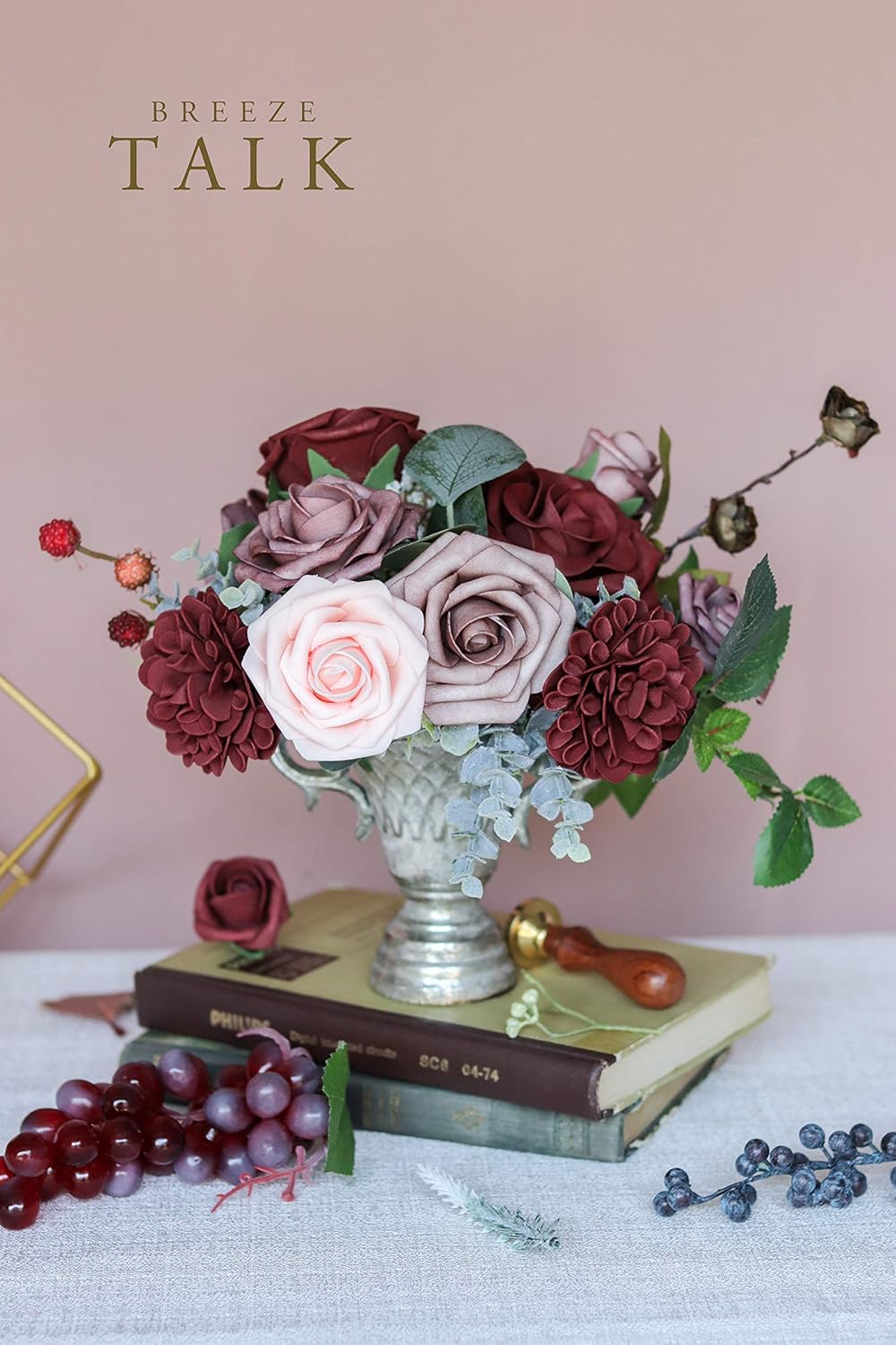 Amazon Com Breeze Talk Artificial Flowers Elegant Burgundy Roses Realistic Fake Roses W Stem For Diy Wedding Bouquets Centerpieces Arrangements Party Baby Shower Home Decorations Kitchen Dining