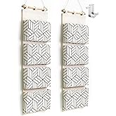 CROWNED 2Pcs Over Door Hanging Storage Bags Wall Mount Closet Organizer, 4 Big Pockets Linen Cotton Fabric Living Room Bedroom Bathroom File Magazine Waterproof Free Hooks White