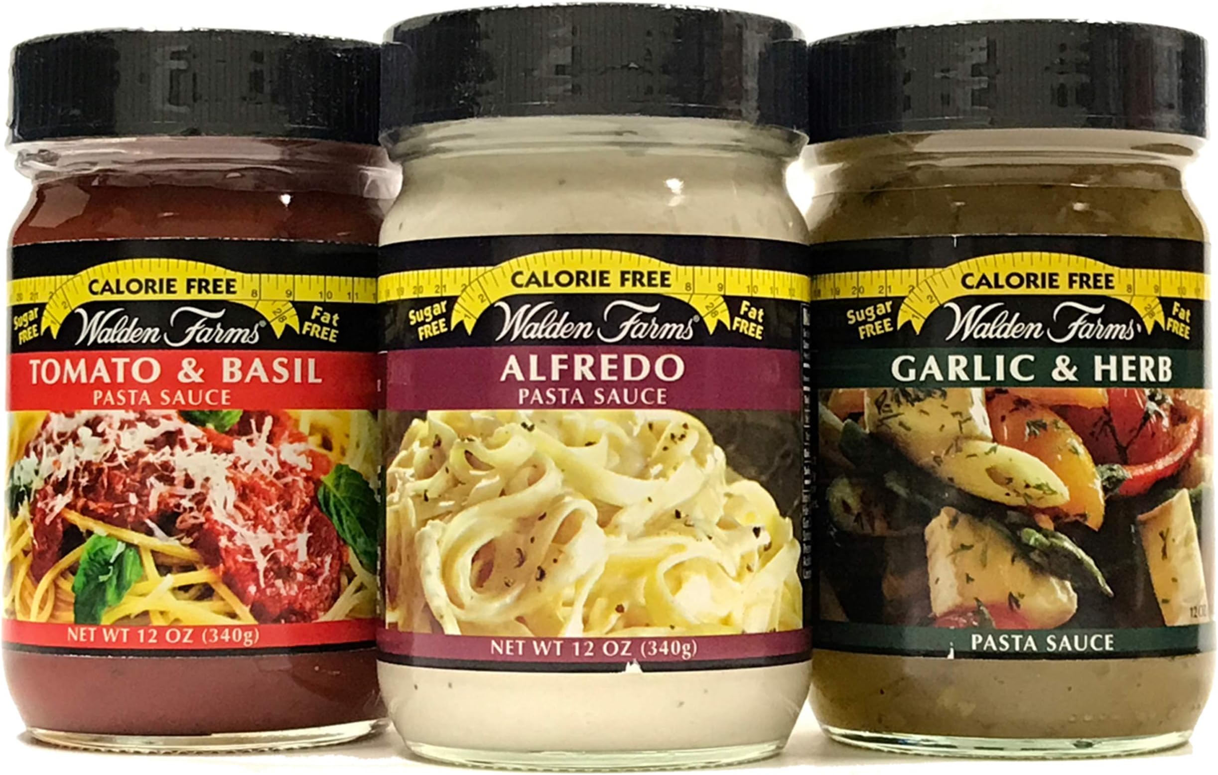 [Pack of 3] [Free Measuring Spoon] Walden Farms Pasta Sauce Combo (Garlic & Herb, Alfredo, Tomato & Basil), No Calories, Fat, Carbs, Gluten or Sugars - 12 Fl Oz