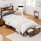 COMHOMA Twin Size Platform Bed Frame with LED Lights and Charging Station, Storage Headboard and Footboard Drawers, No Box Spring Needed, Rustic Wood Look