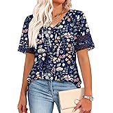 XIEERDUO Womens Summer Tops Dressy Casual Blouses for Women V Neck Short Sleeve Shirts Fashion Clothes Curved Hem Flowy