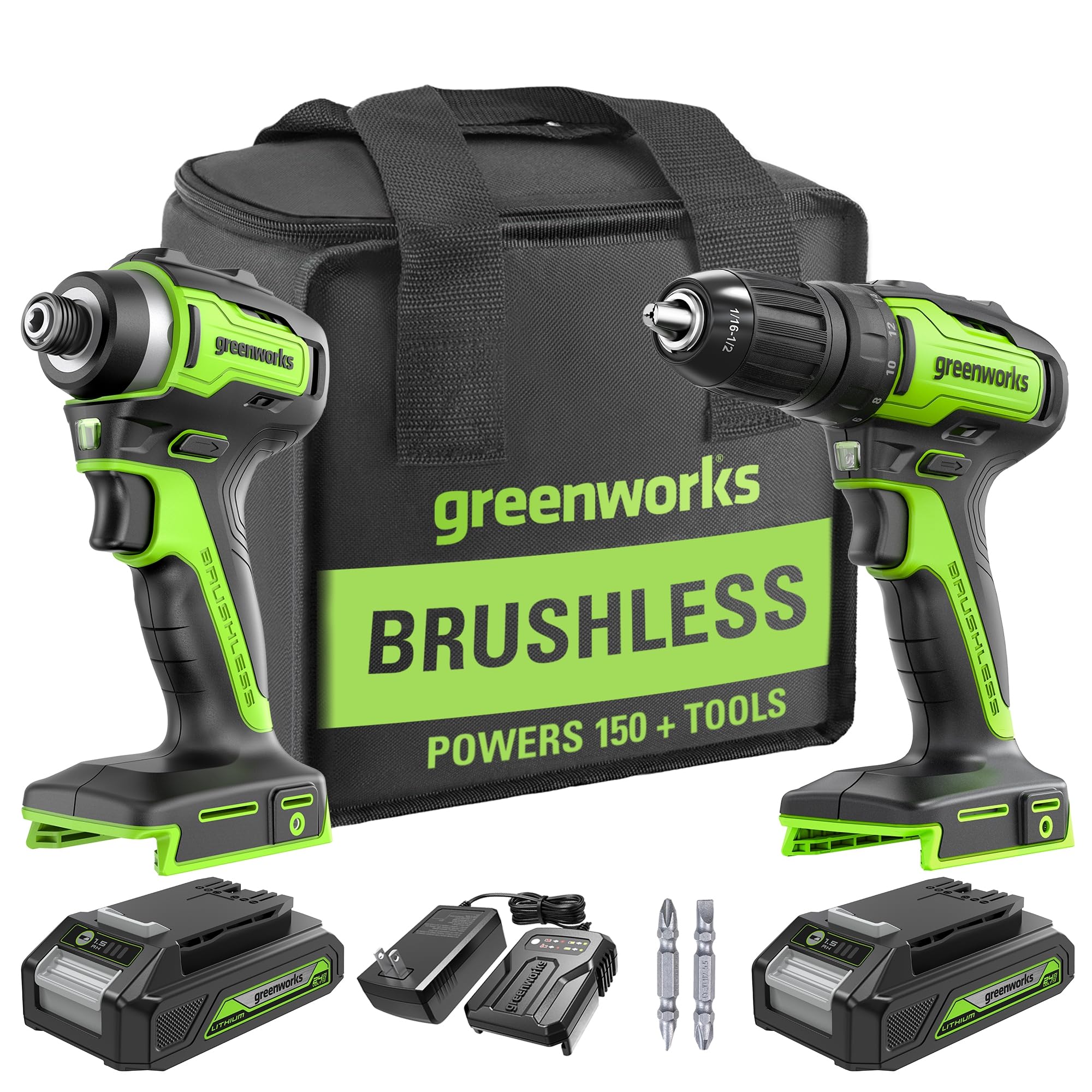 Photo 1 of Greenworks 24V Brushless Cordless Drill and Impact Driver,Power Tool Combo Kit Included 1/2”Drill & 1/4”Hex Impact Driver and (2) Batteries, Fast Charger, 2 pcs Drill Bit Set & Bag