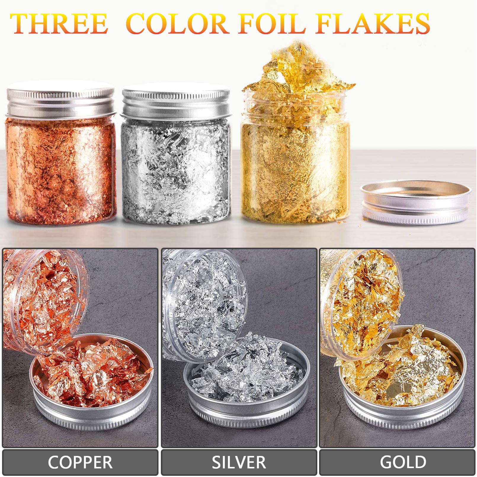 Gold Foil Flakes with Tweezers and Brush, 3 Colors Imitation Gold Foil Flakes Metallic Leaf for Nail Art, Painting, Crafts and Resin Jewelry Making (3color-9g)