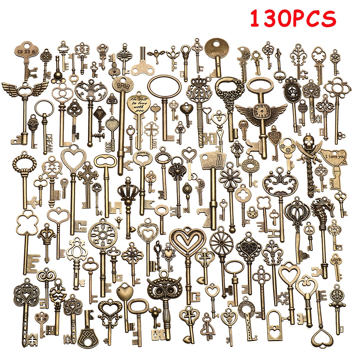 Jeteven 130pcs Retro Schlüssel Anhänger Bronze Silber Vintage Schmuck Basteln Key Kette Halskette Armband antik Deko 10mm-85mm