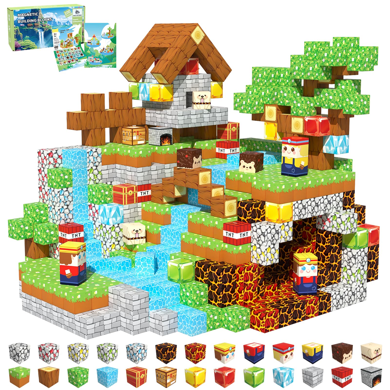 SSAWER Magnetic Blocks, 100PCS Magnetic Building Blocks, Stacking Magnets for Kids, STEM Constructions Magnet Blocks for Boys Girls Age 3+, Christmas Birthday Gifts(Forest Mine)