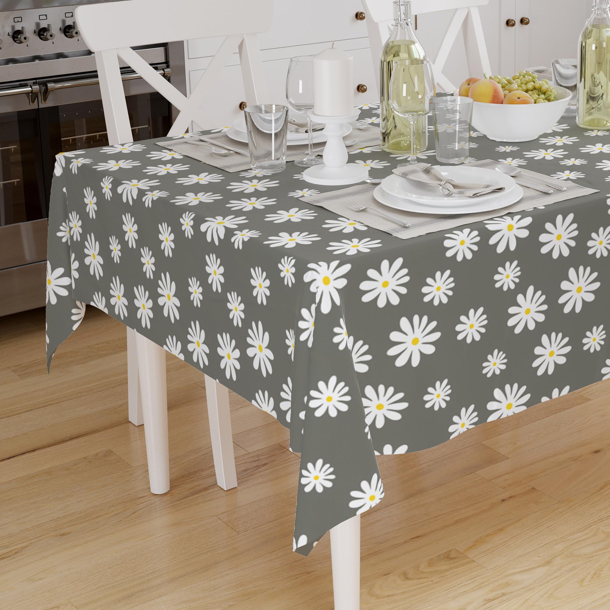Encasa XO Printed Tablecloth 140x230 cm for 6 to 8 seater Dining Table of length upto Rectangular, 100% Cotton, Machine Washable, Durable, Rectangular, for Home, Restaurant, Banquet - Daisy Grey — image 1