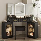 ZKIODV Corner Vanity Desk with 3 Way Mirror &amp; LED Lights, Makeup Table Set with Charging Station, Storage Drawers &amp; Side Cabinets, Bedroom Dressing Table for Women &amp; Girls Birthday Gift - Matte Black