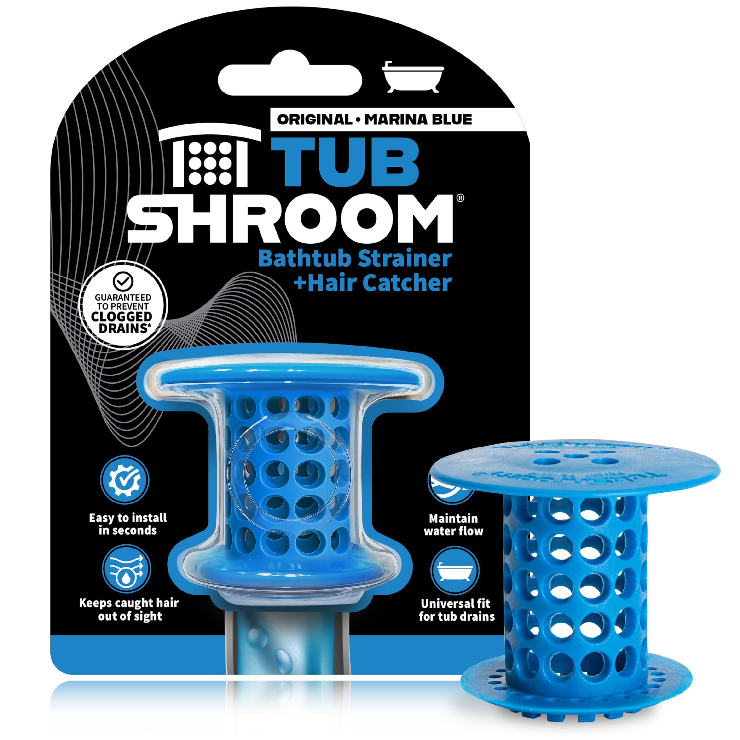 TubShroom Tub Drain Protector Hair Catcher Strainer Snare Silicone Blue Standard