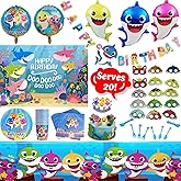 Shark Party Supplies Set,124 Piece Shark Themed Birthday Decorations,Includes Disposable/Reusable Tableware Kit, 3'x5' Photo Backdrop, Shark Party Masks and Balloons,Serves 20 Guests