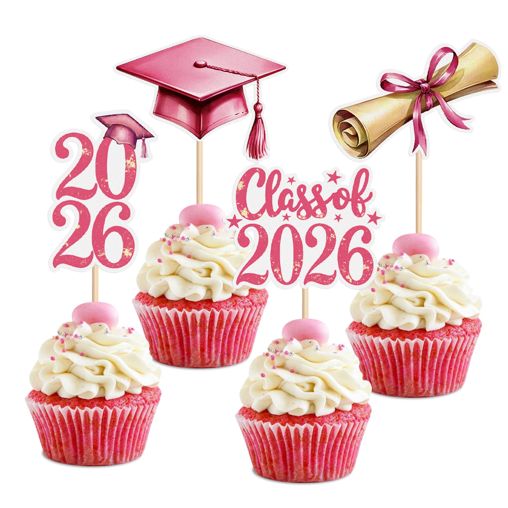 Blumomon 32 Pcs Pink Grade 2026 Graduation Cap Diploma Cupcake Topper Girl 2026 Graduation Theme Cupcake Decoration Graduates Graduation Congratulations Party Decoration