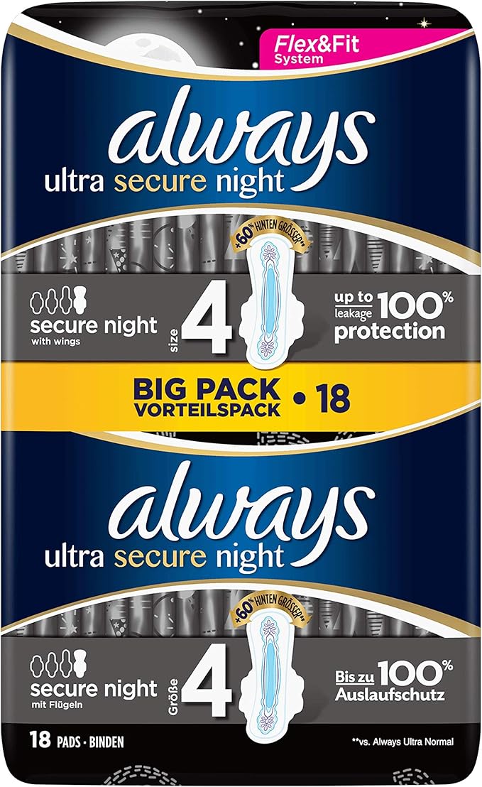 Always Ultra Secure Night Sanitary Pads (with Wings) Size 4 Pack of 18