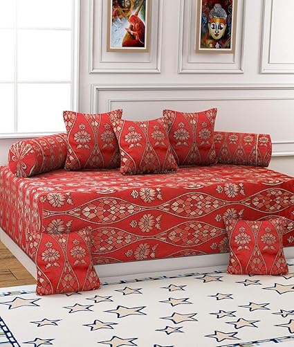 Gurnoor Diwan-e-khas Polycotton and Silk 8 Piece Diwan Set, 650 TC, Red and Gold