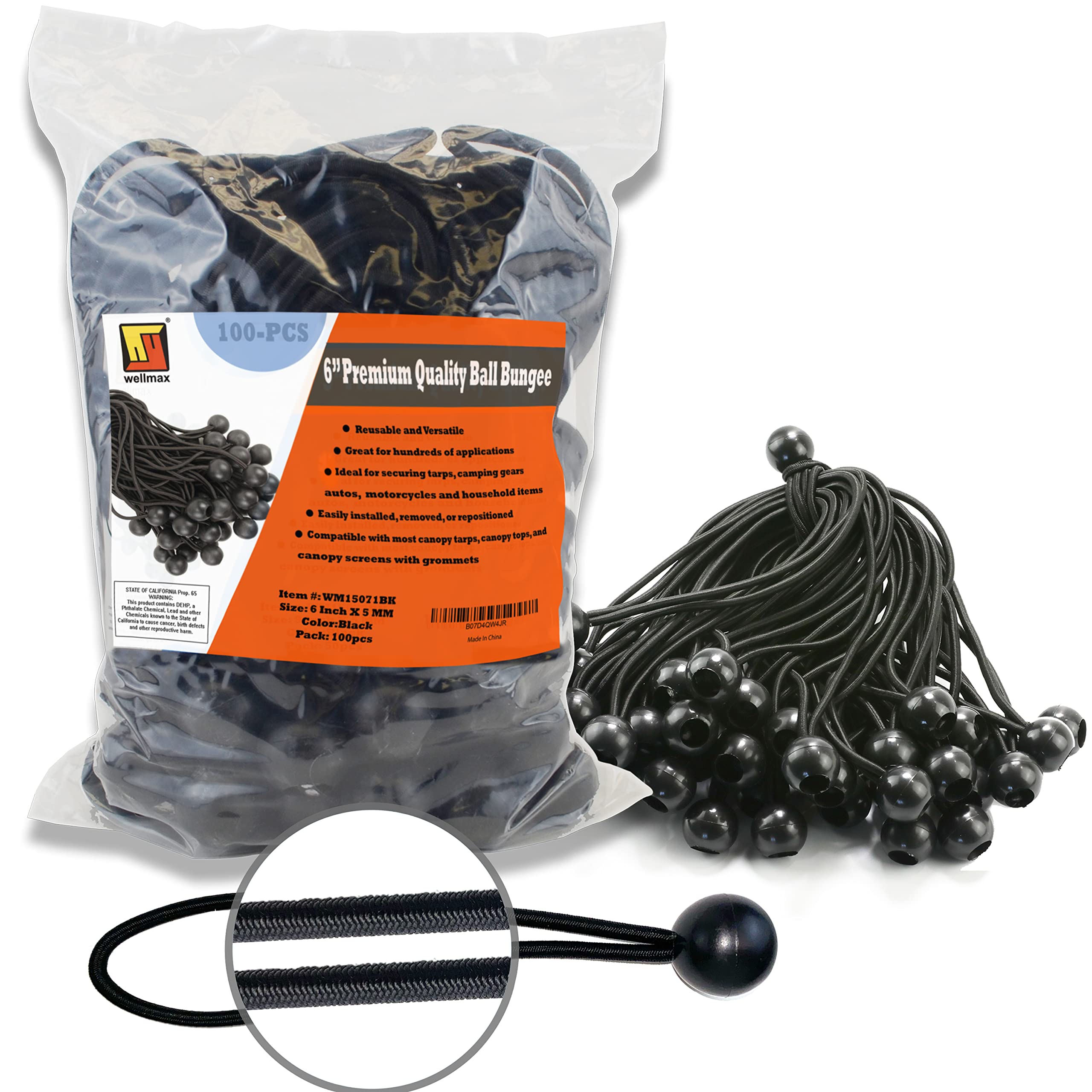 100-Pack 6 Inch Ball Bungee Cords by Wellmax - Heavy Duty, Versatile, and Built to Last - Ideal for Camping, Tarp Tie-Downs, Canopies, Hoses, Cords, and Wires - 5mm Thickness - Black Color