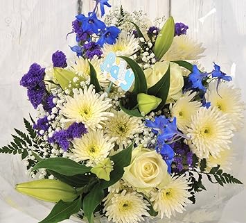New Baby Boy Blue Fresh Flower Bouquet Delivered A Special Unique