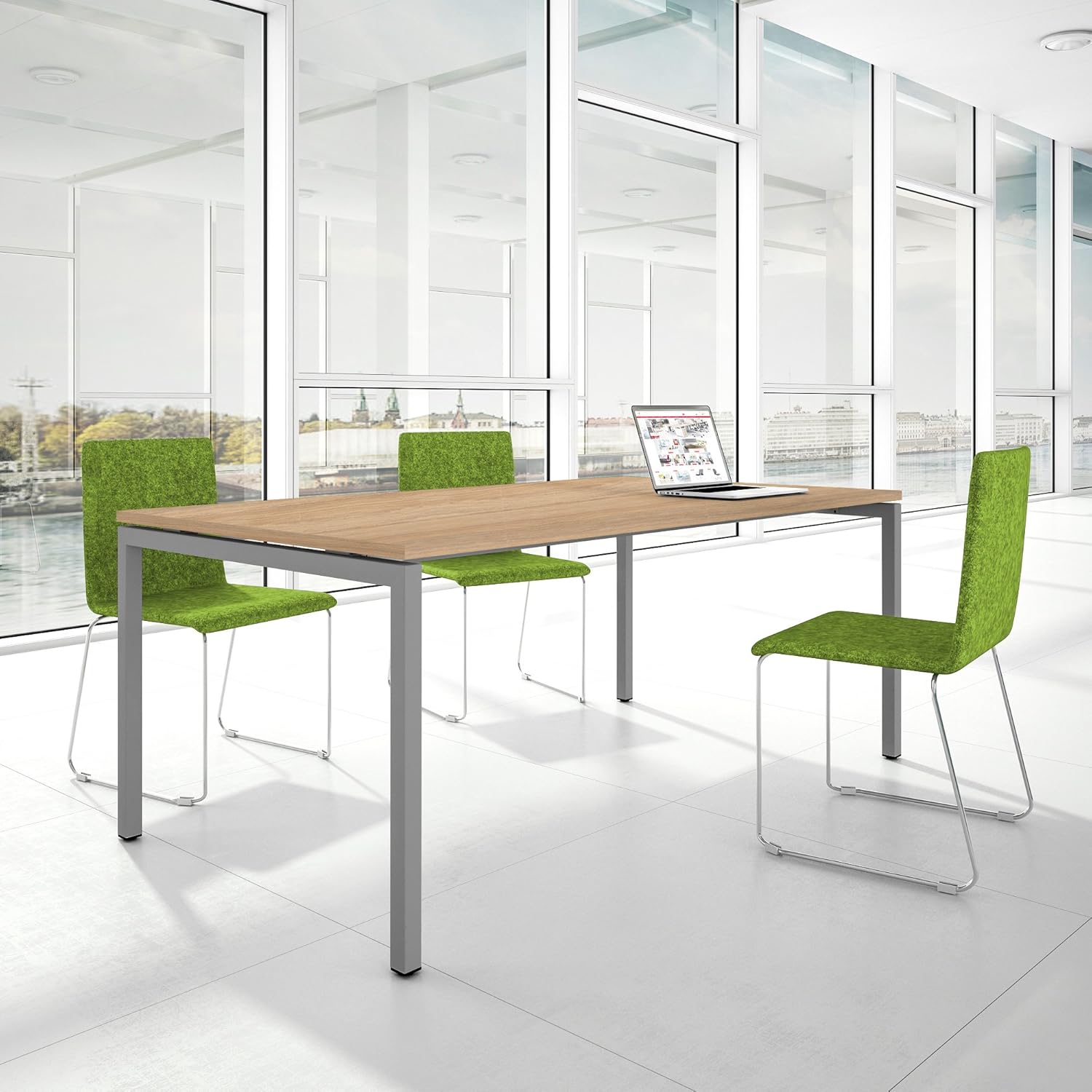 Weber Büro Konferenztisch Easy 240x120 Cm Ahorn - Besprechungstisch Mit Elektrizierung & Silbernem Gestell