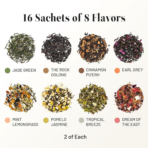 CHAYEAH, PREMIUM TEA COLLECTION (16 PYRAMID TEA SACHETS, 8 ASSORTED FLAVORS), GREEN, BLACK, OOLONG, PU’ERH & HERBAL TEA SAMPLER VARIETY PACK, CAFFEINATED AND NON-CAFFEINATED, WHOLE LEAF TEA BAG