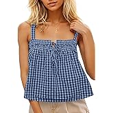 Burtell Women Cute Tie Front Plaid Crop Tank Tops Square Neck Sleeveless Gingham Camisole Tops Summer Backless Cropped Vest Dark Blue