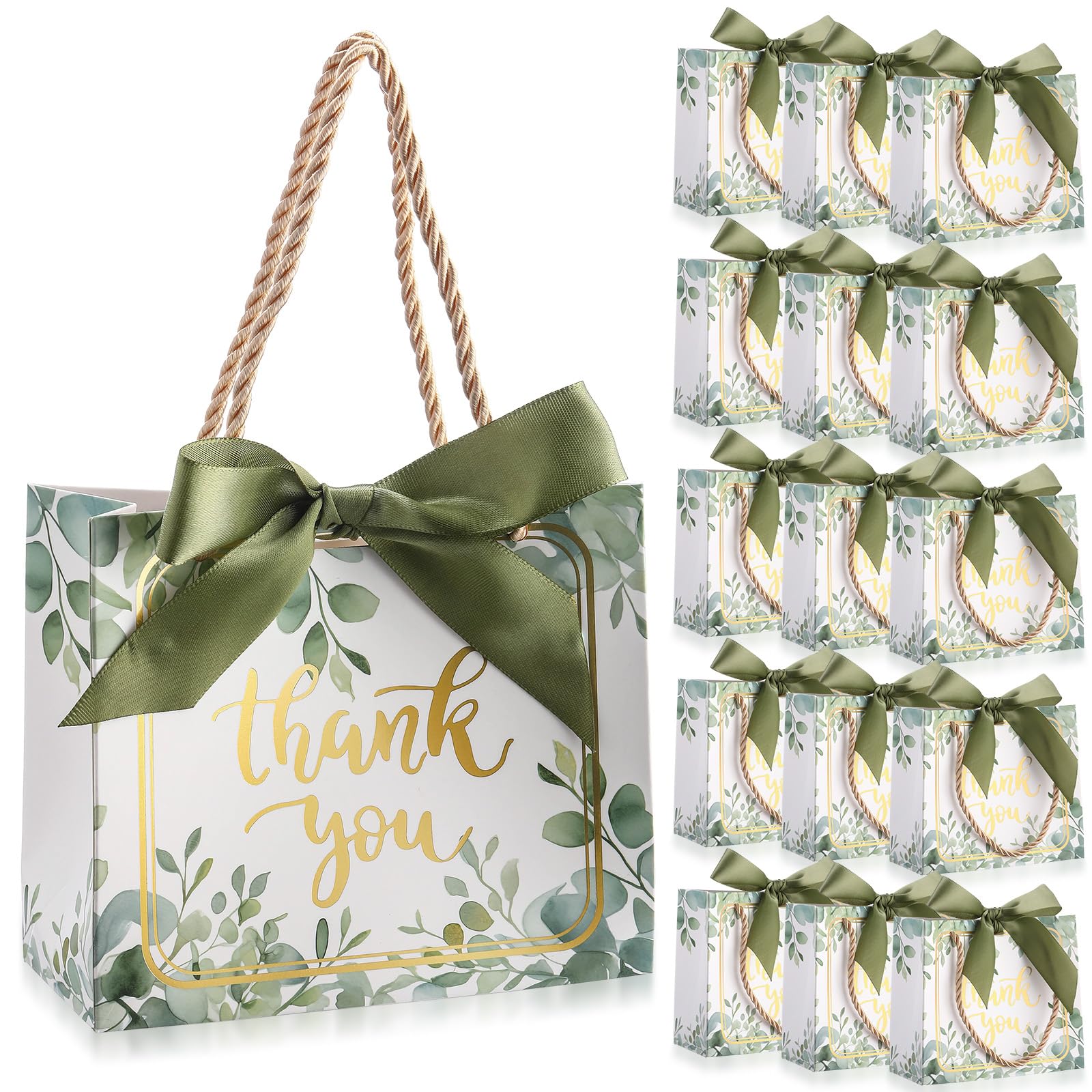 Photo 1 of Moinchore 40 Pack Thanksgiving Thank You Gift Bags with Handles Fall Paper Wedding Welcome Bags Bridal Shower Flower Welcome Gift Tote with Bow for Birthday Baby Shower Party Favor(Eucalyptus)