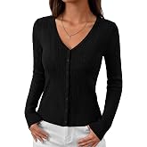 MASCOMODA Womens Fitted Lightweight Cardigan Button Sweaters | Slim Fit, Long Sleeve, Eyelet Open Front Cardigans, Ribbed Cuffs &amp; Hem, V Neck Button Down Sweater, Casual Knit Fall Outfits