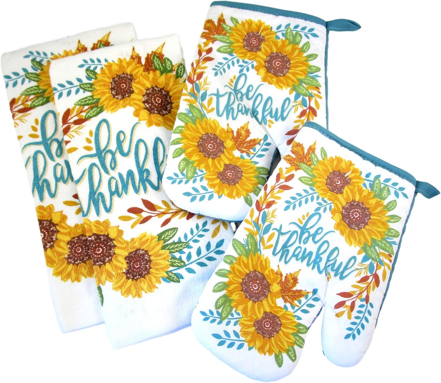 Fall Harvest Thanksgiving Kitchen Towels and Oven Mitts - Bundle of 4 Items: 2 Dish Towels and 2 Oven Mitts (Sun Flowers - Be Thankful)