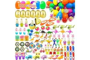 GOVETOM [ 6 Surprise Golden Eggs ] 100 PCS Easter Prefilled Eggs with Assorted Toys,100 Plastic Easter Eggs Fillers with Fidget Toys, Easter Egg Hunt Filling Easter Basket Stuffers for Kid Toddler Boys Girls