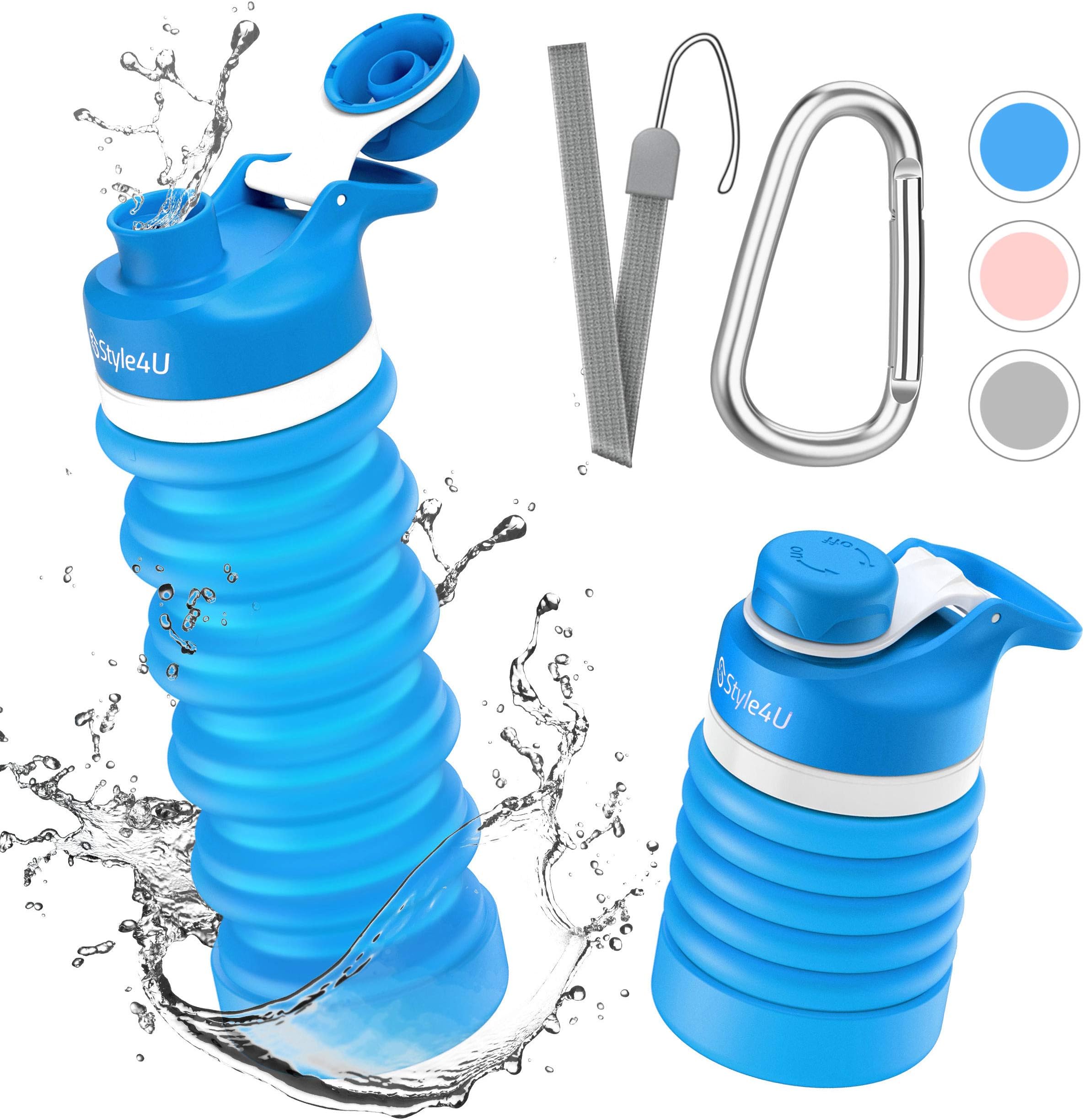Collapsible Foldable Water Bottle - BPA Free FDA Approved Portable Reusable Leakproof Silicone Sports Travel Water Bottle for Outdoor, Gym, Hiking, Cycling with Lanyard and Carabiner