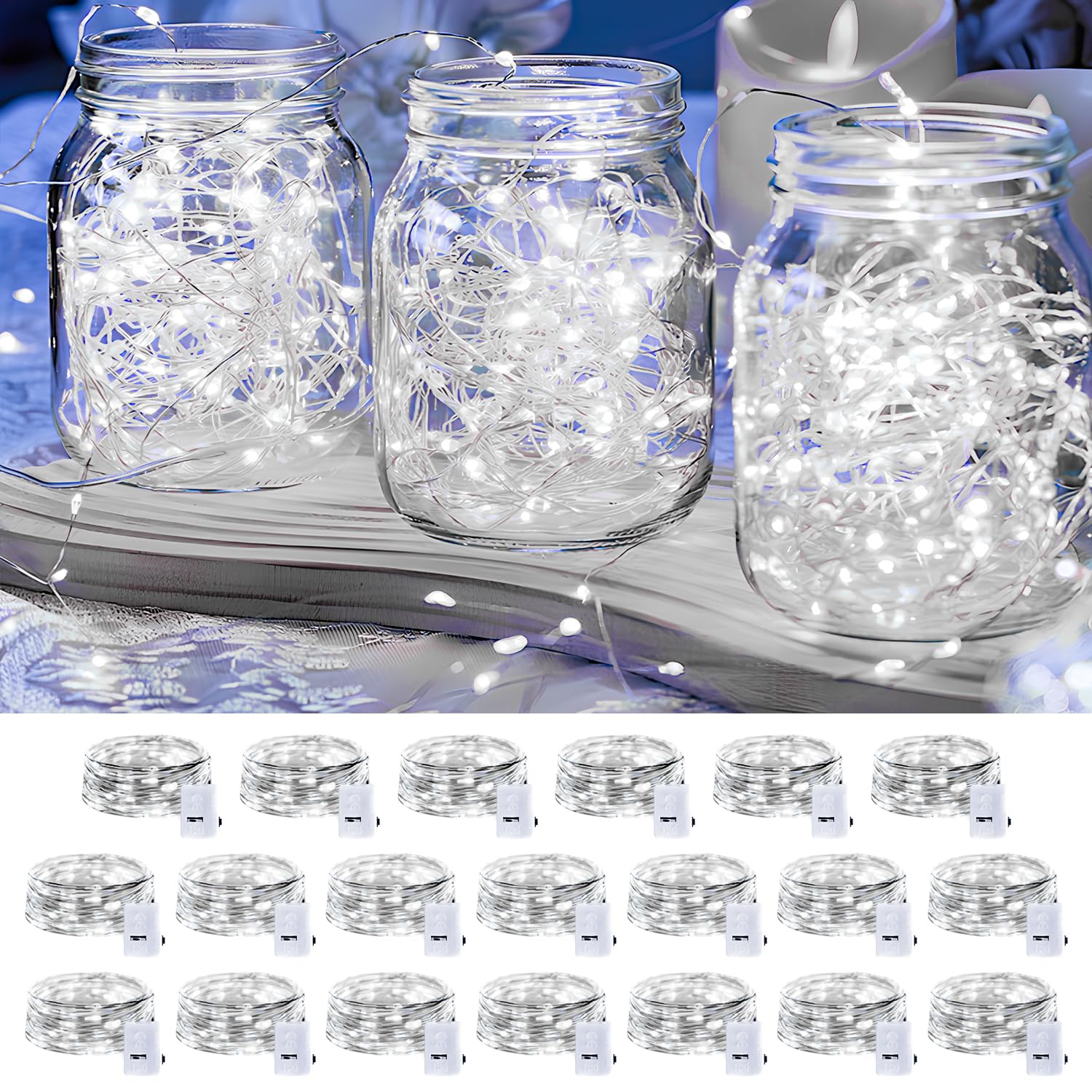 Photo 1 of ***MISSING 2 LIGHTS***20 Pack LED Fairy Lights Battery Operated,7FT 20 LED Waterproof Mini Twinkle String Lights Battery Powered for Christmas Mason Jars Party Cool White