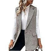MakeMeChic Women's Tweed Blazer Vest Sleeveless Lapel Collar Business Casual Jacket Coat