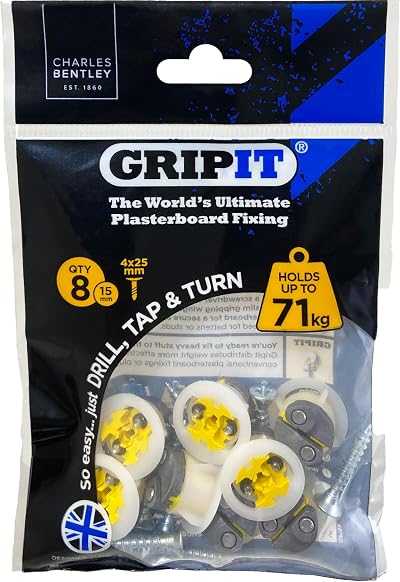 Gripit Yellow Plasterboard Fixings Pack of 8 Heavy Duty Stud Wall Anchors 71kg