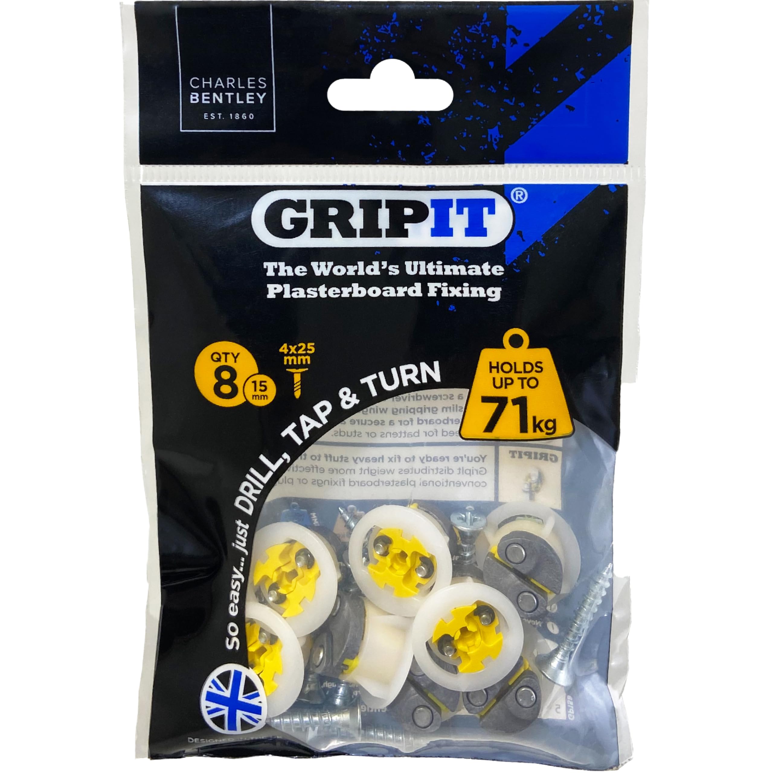 Gripit Yellow Plasterboard Fixings - Pack of 8 - Heavy Duty Stud Wall fixings - Plasterboard Anchors - Ideal for Blinds, Curtains, Mirrors & Frames - Easy to Install - Holds Up to 71kg - UK Designed