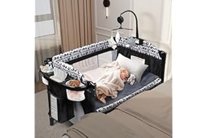 Xilingol 5-in-1 Pack and Play, Baby Bassinet Bedside Sleeper with Diaper Changer, Storage Bag & Music Box, Portable Baby Crib with Carry Bag, Foldable Playard with Bassinet for Newborn to Toddlers