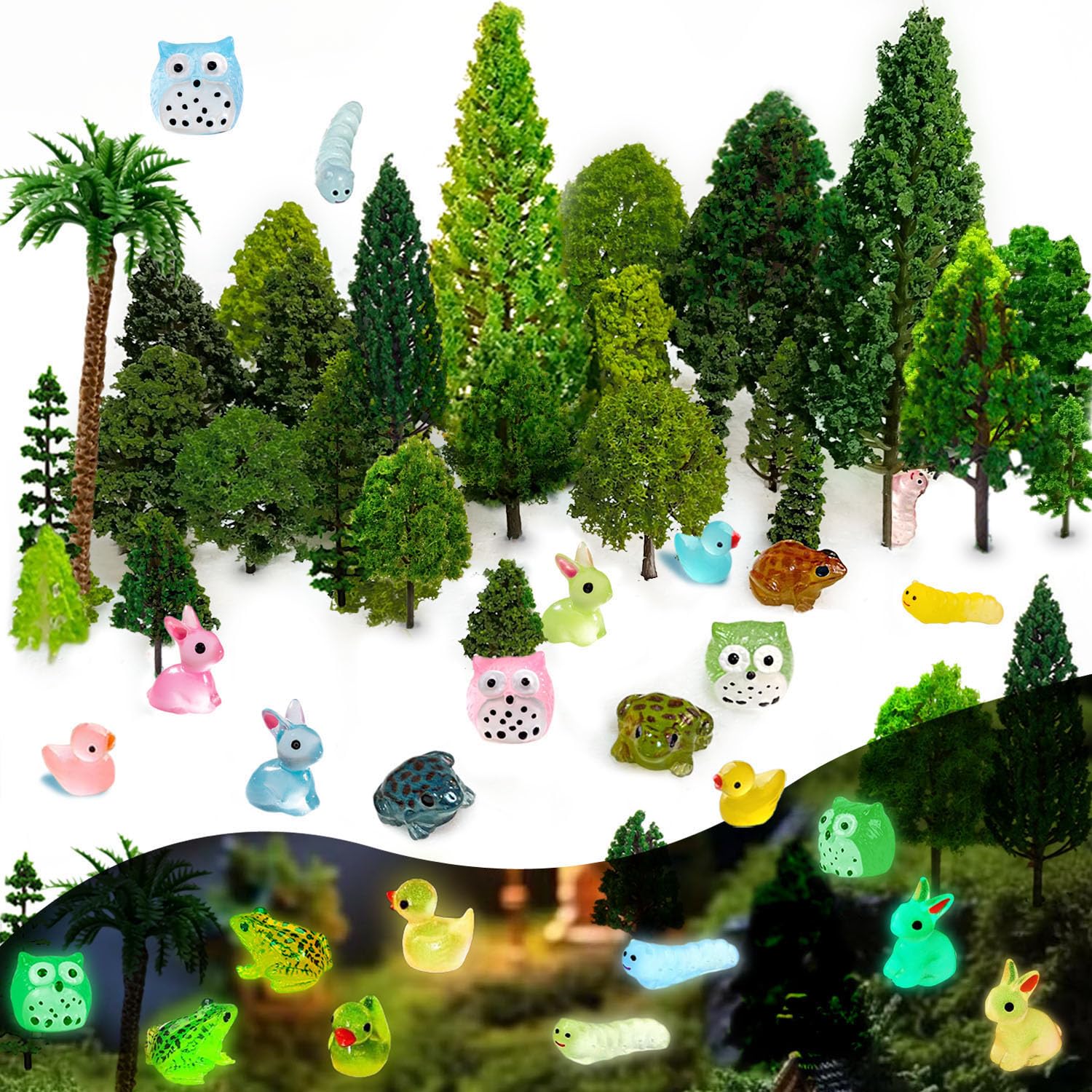 OrgMemory 55Pcs Mixed Model Trees, Resin Animals, Luminous Mini Resin Animal Figurines, Diorama Supplies, Miniature Trees, Model Train Scenery with No Bases