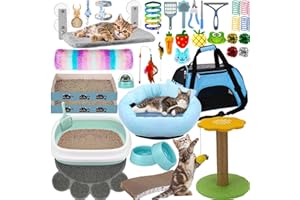 Locmeo 40 Pcs Kitten Starter Kit for Indoor Cats Include Cat Litter Box Cat Toys, Cat Collars, Cat Bed Scratch Pad, Nail File Feed Bowls and More for Kitten Supplies Accessories Welcome Gift (Blue)