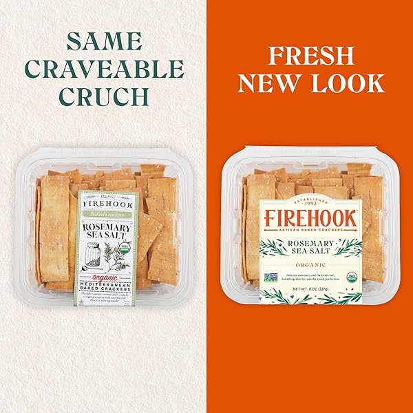 FIREHOOK ROSEMARY SEA SALT CRACKERS – ARTISAN BAKED, CRAVEABLY CRUNCHY, INFUSED WITH DELICATE ROSEMARY & FLAKY SEA SALT – ORGANIC, NON-GMO, KOSHER – 8 OZ BOX